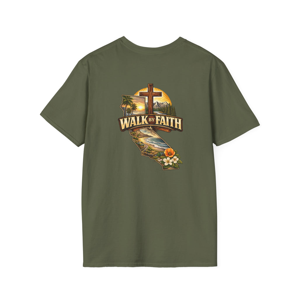 Christian T-Shirt — "Walk by Faith" California Cross Design