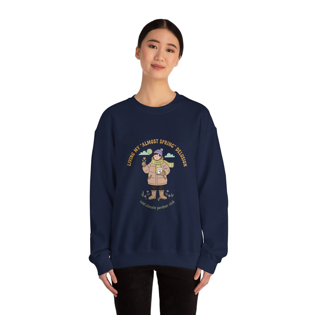 Almost Spring Thaw Humor Crewneck Sweatshirt | spring tease, winter spring meme