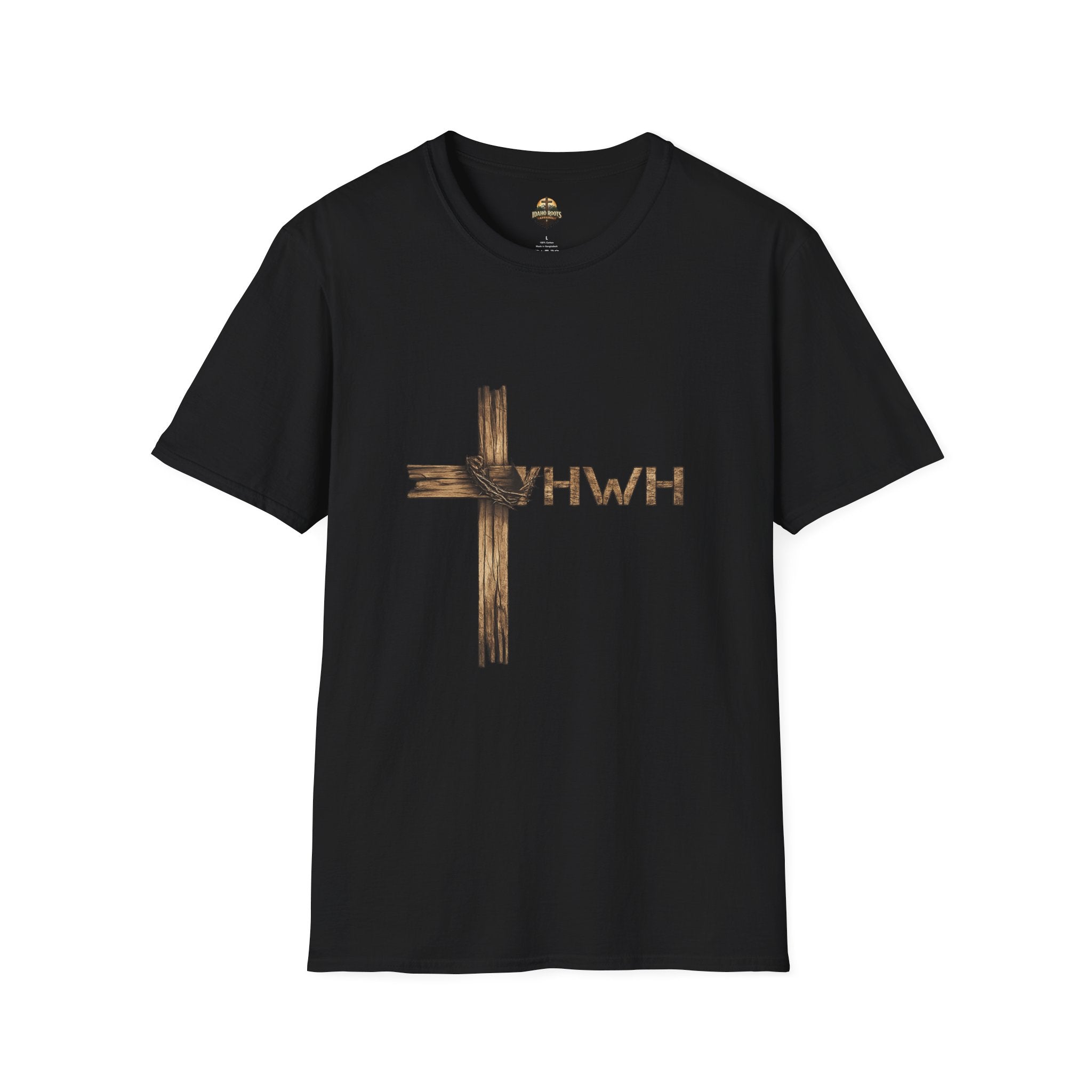 Christian Cross T-Shirt with YHWH Text – Rustic Faith Tee