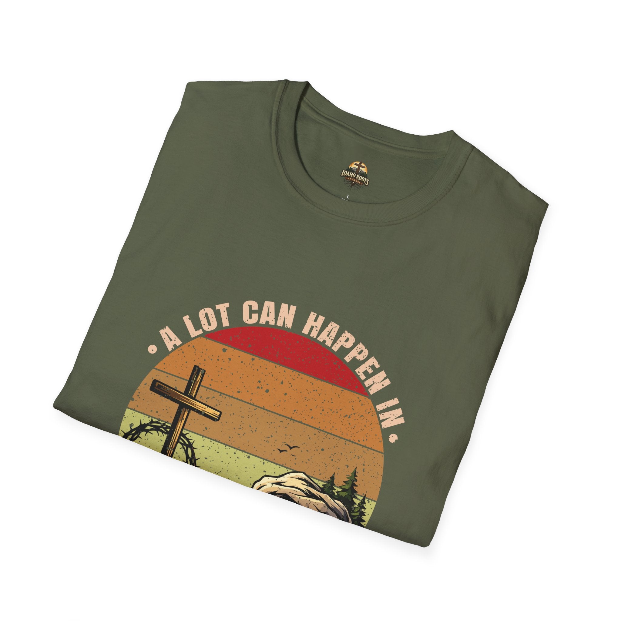 Christian T-Shirt — "A Lot Can Happen in 3 Days" Vintage Cross Design
