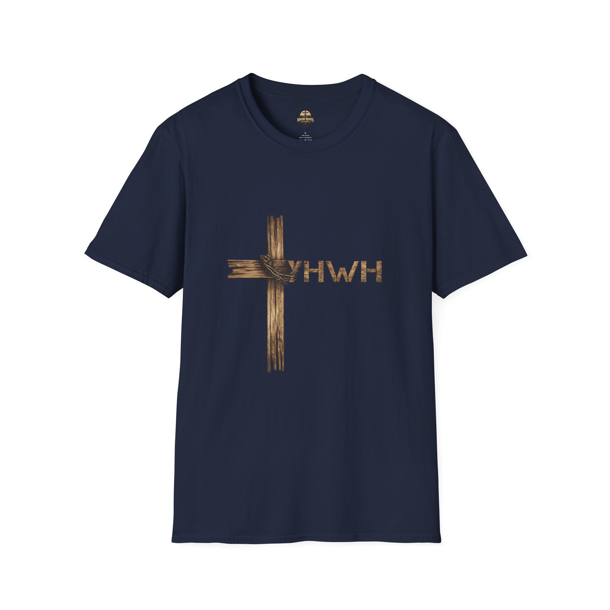 Christian Cross T-Shirt with YHWH Text – Rustic Faith Tee