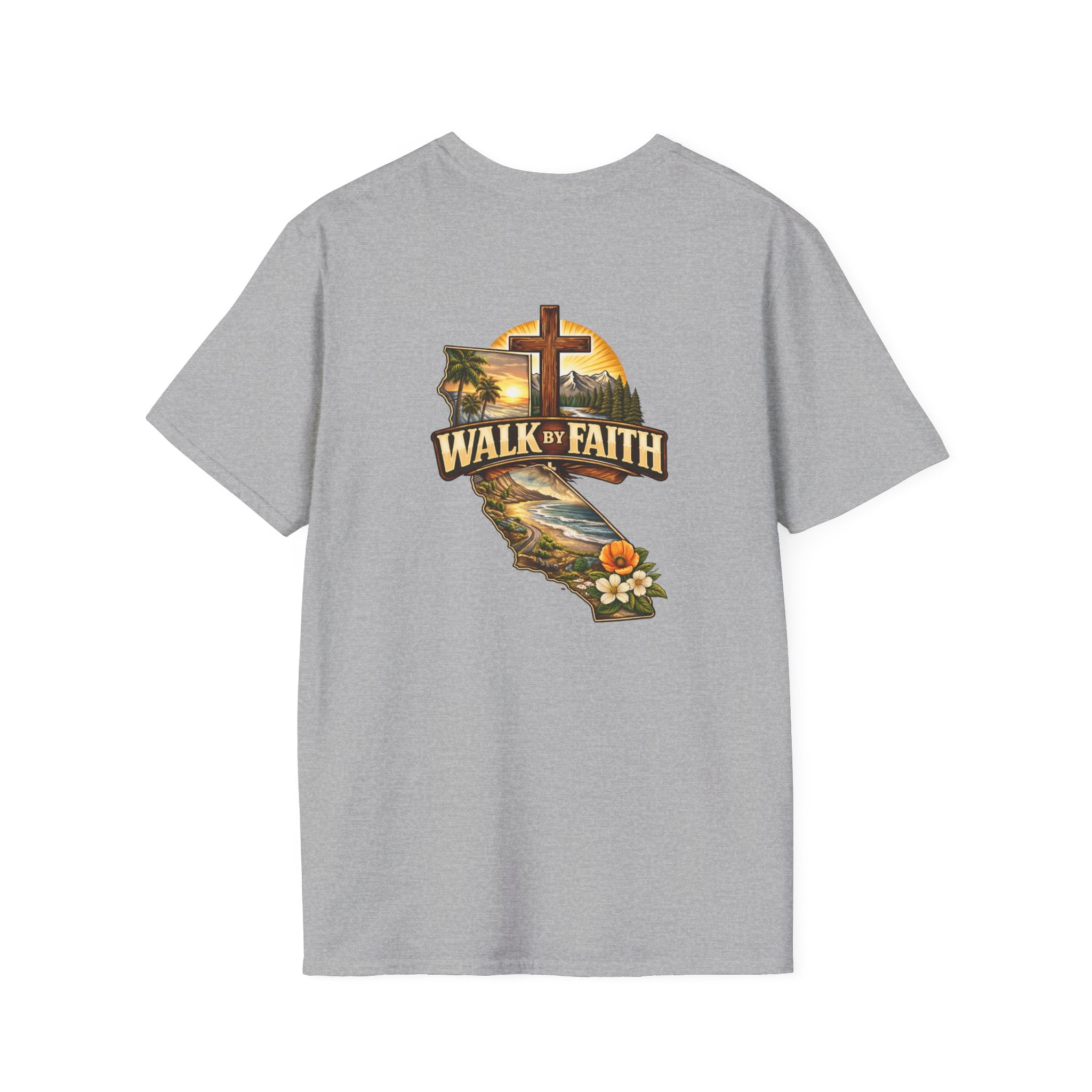 Christian T-Shirt — "Walk by Faith" California Cross Design