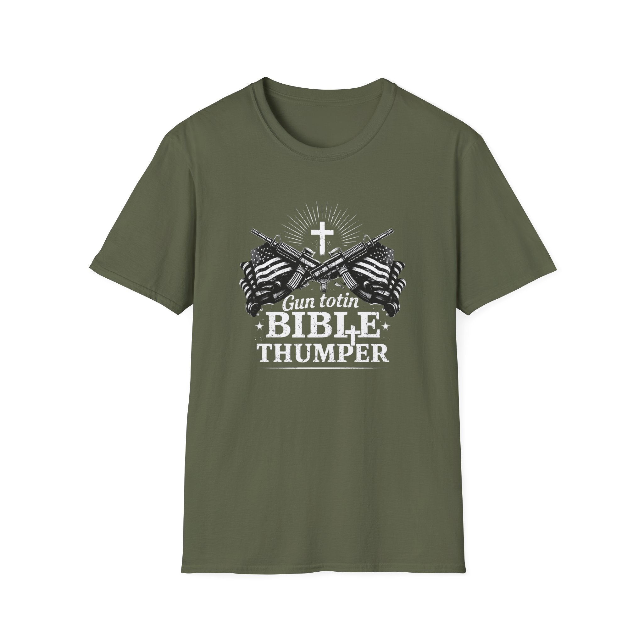 "Gun Totin' Bible Thumper" American Flag Crossed Rifles T-Shirt — Patriotic Military Pride Tee