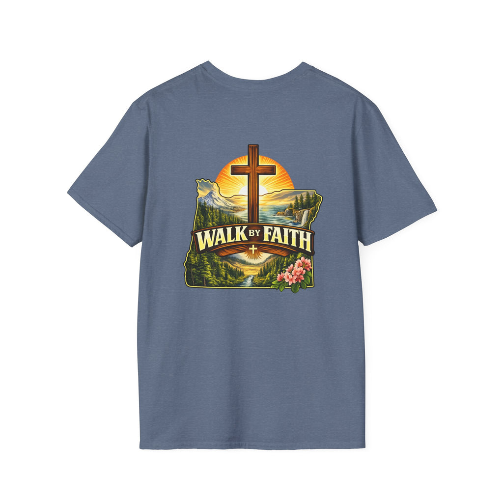 Oregon Walk By Faith T-Shirt — Christian Cross Mountain Sunset Tee