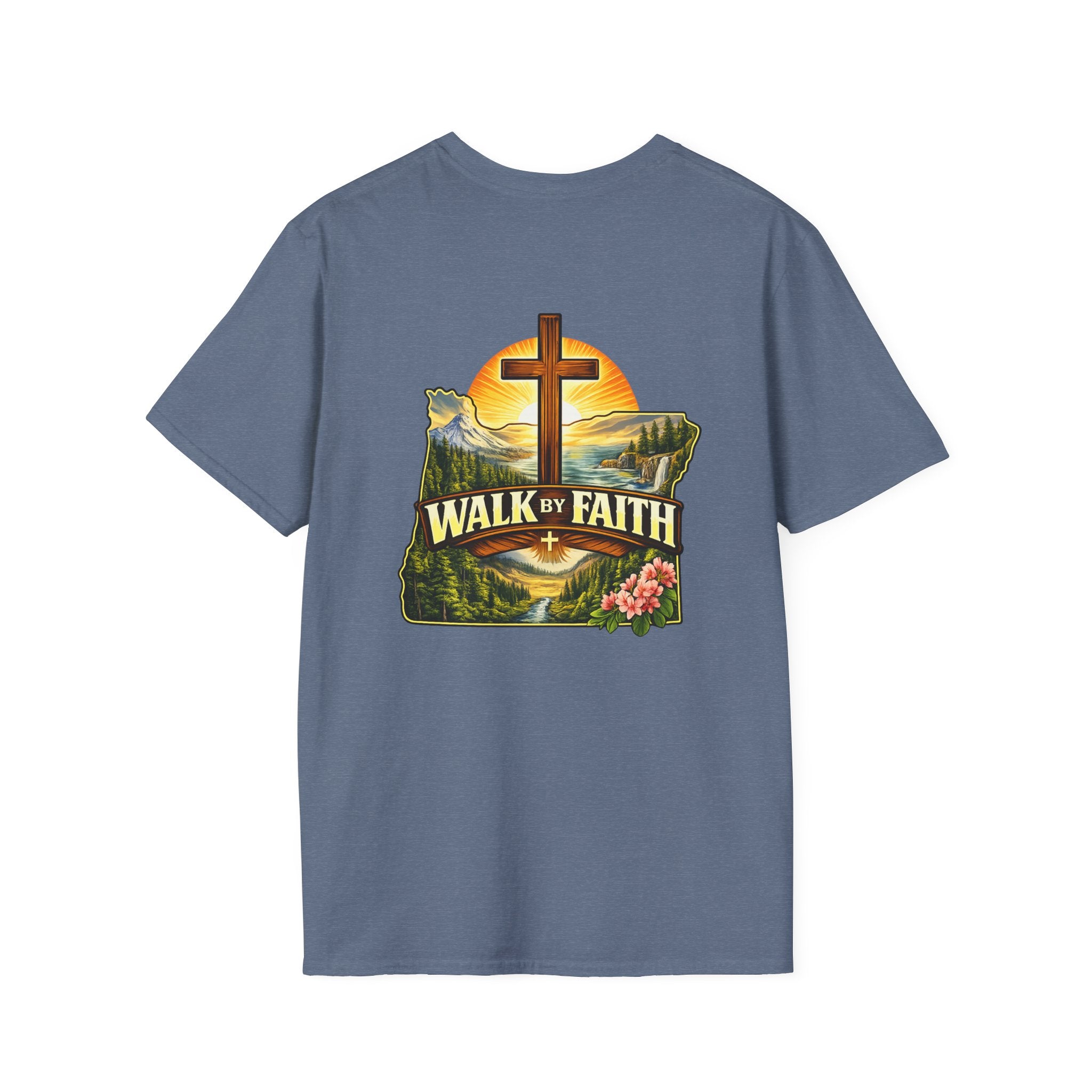 Oregon Walk By Faith T-Shirt — Christian Cross Mountain Sunset Tee