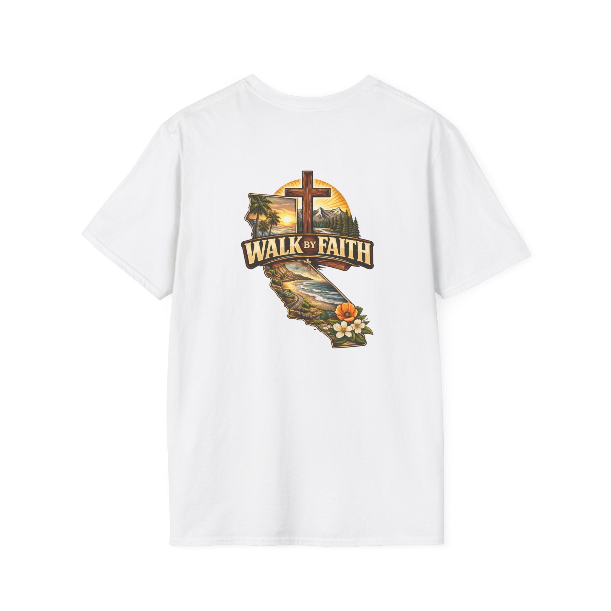 Christian T-Shirt — "Walk by Faith" California Cross Design
