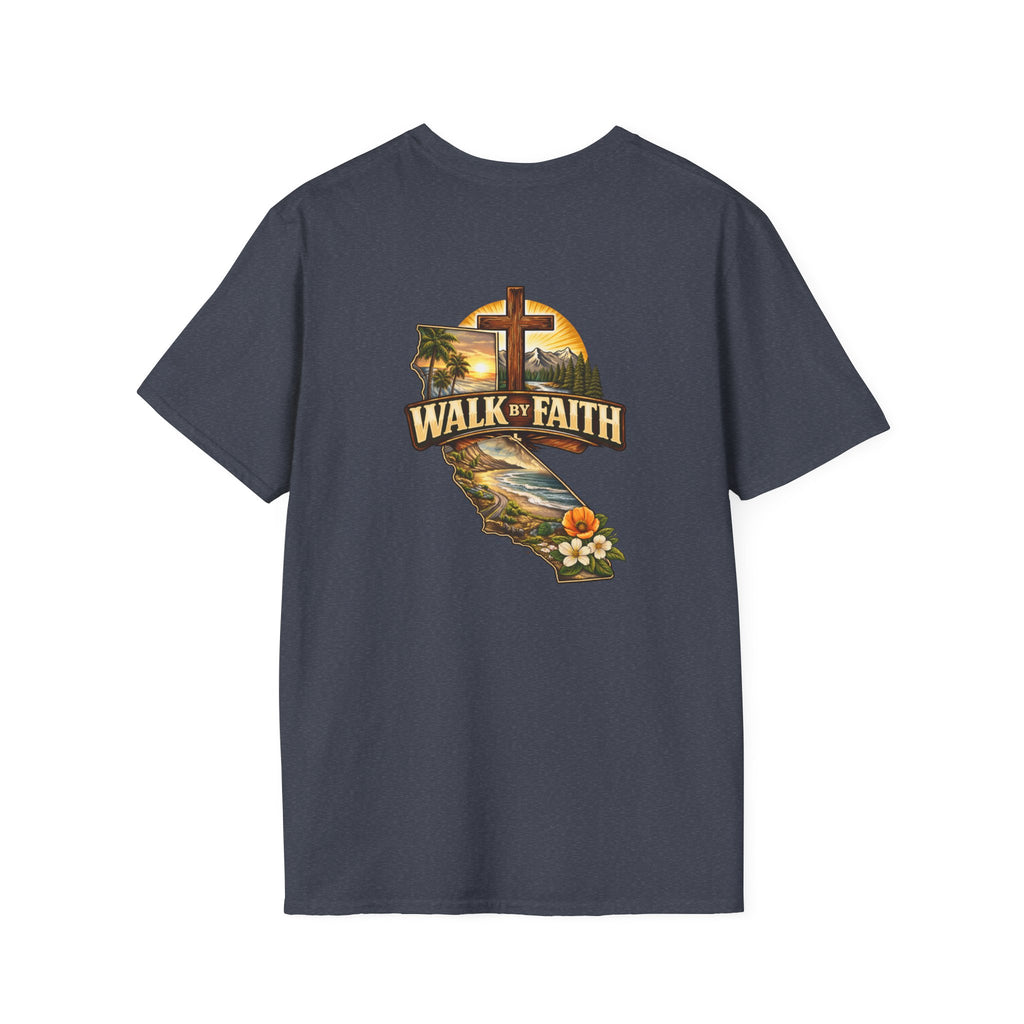 Christian T-Shirt — "Walk by Faith" California Cross Design