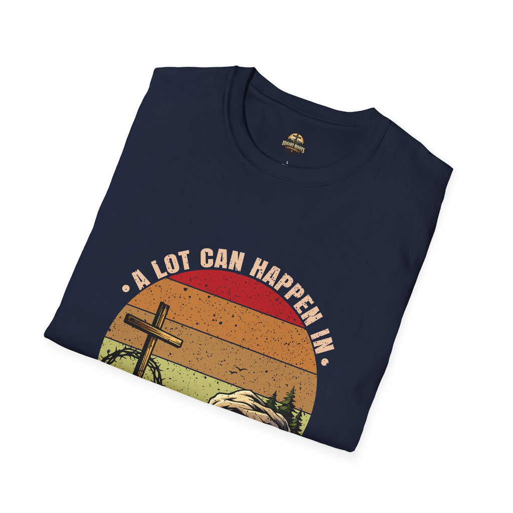 Christian T-Shirt — "A Lot Can Happen in 3 Days" Vintage Cross Design