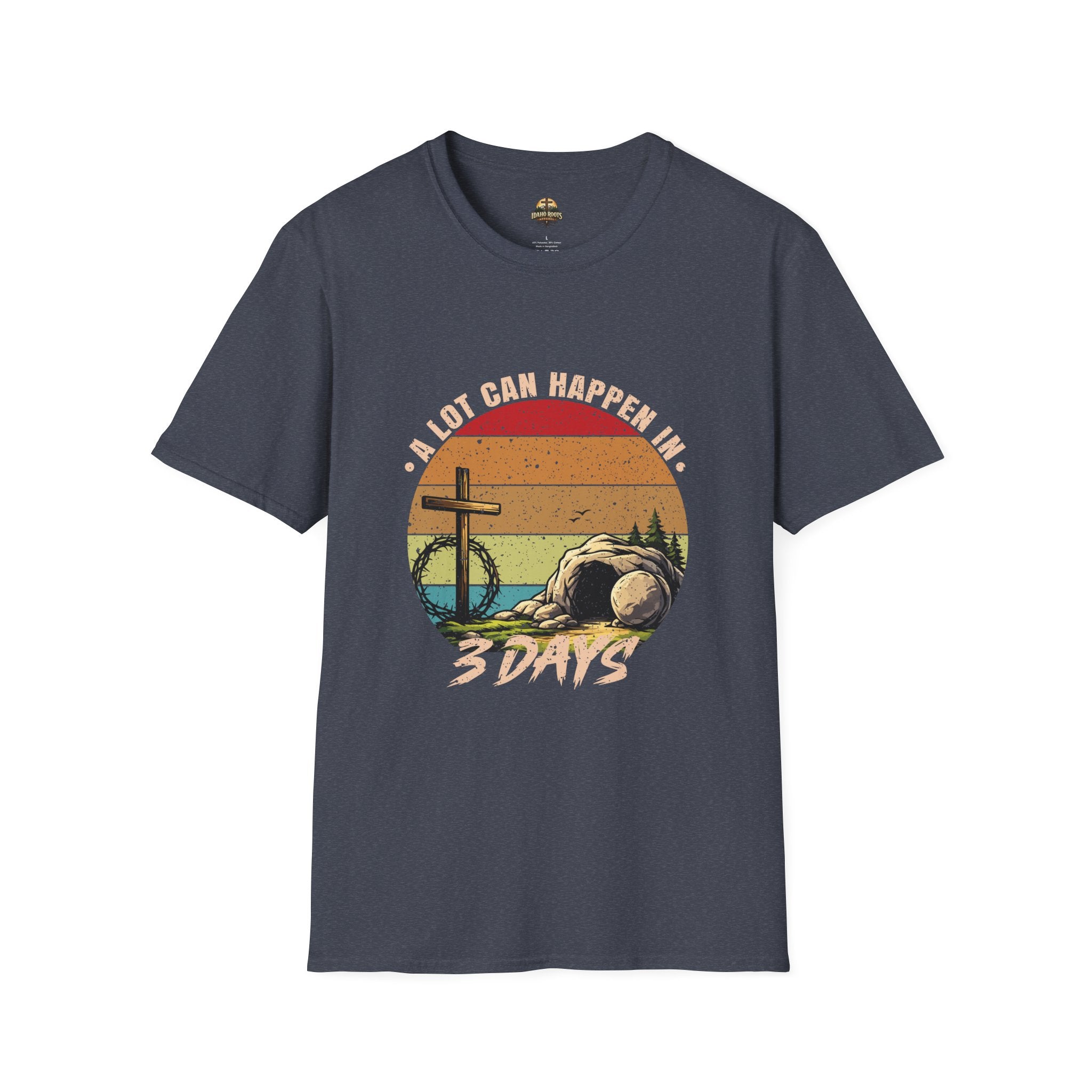 Christian T-Shirt — "A Lot Can Happen in 3 Days" Vintage Cross Design
