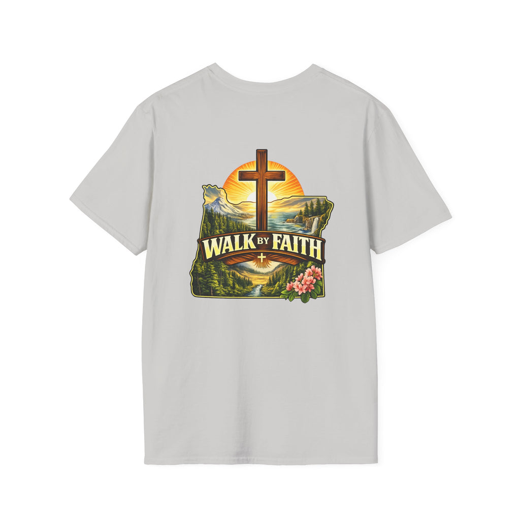 Oregon Walk By Faith T-Shirt — Christian Cross Mountain Sunset Tee