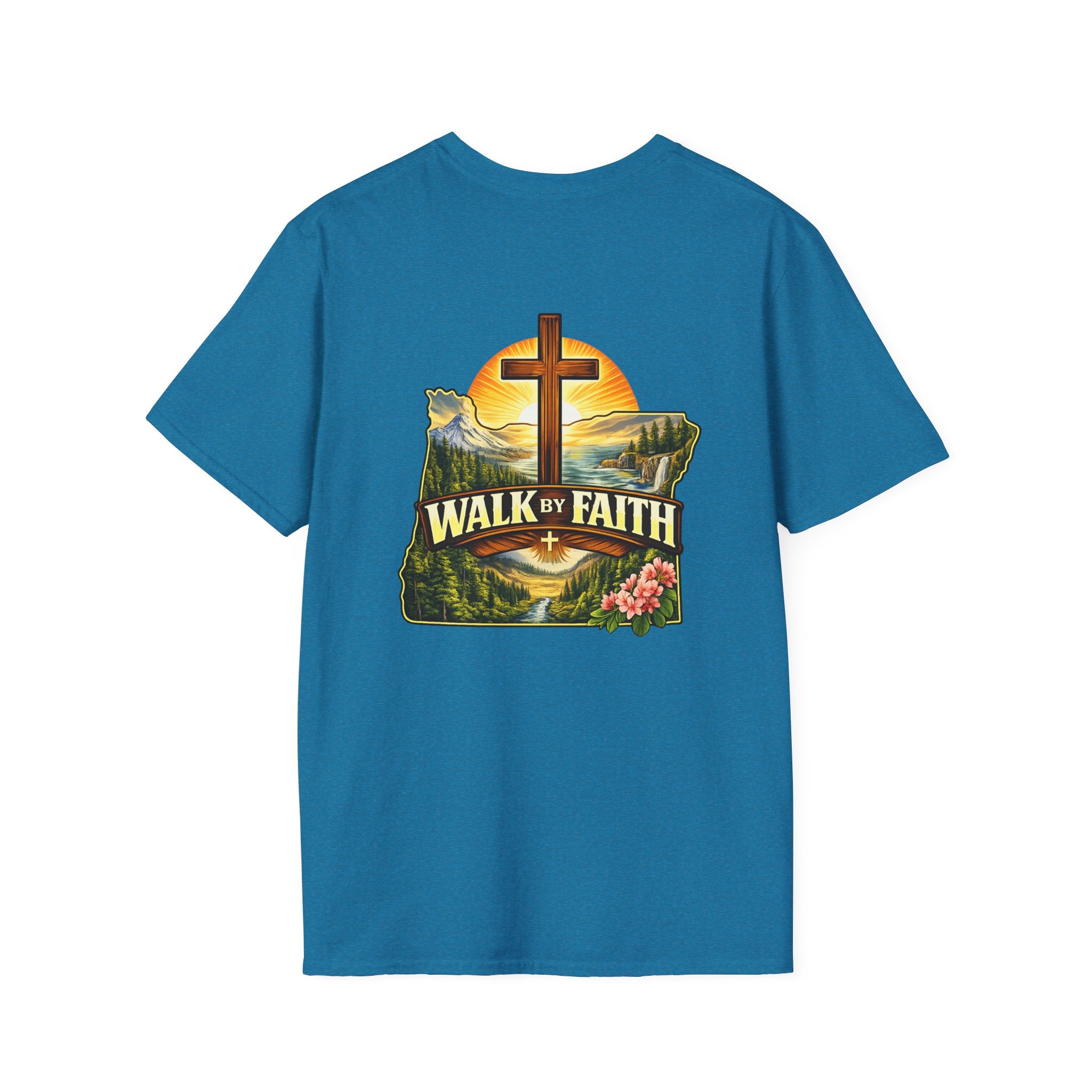 Oregon Walk By Faith T-Shirt — Christian Cross Mountain Sunset Tee