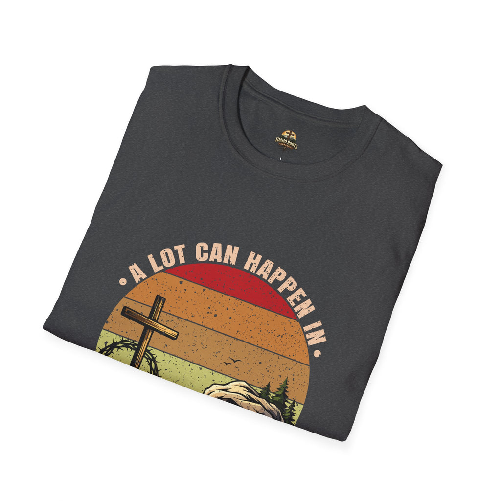 Christian T-Shirt — "A Lot Can Happen in 3 Days" Vintage Cross Design