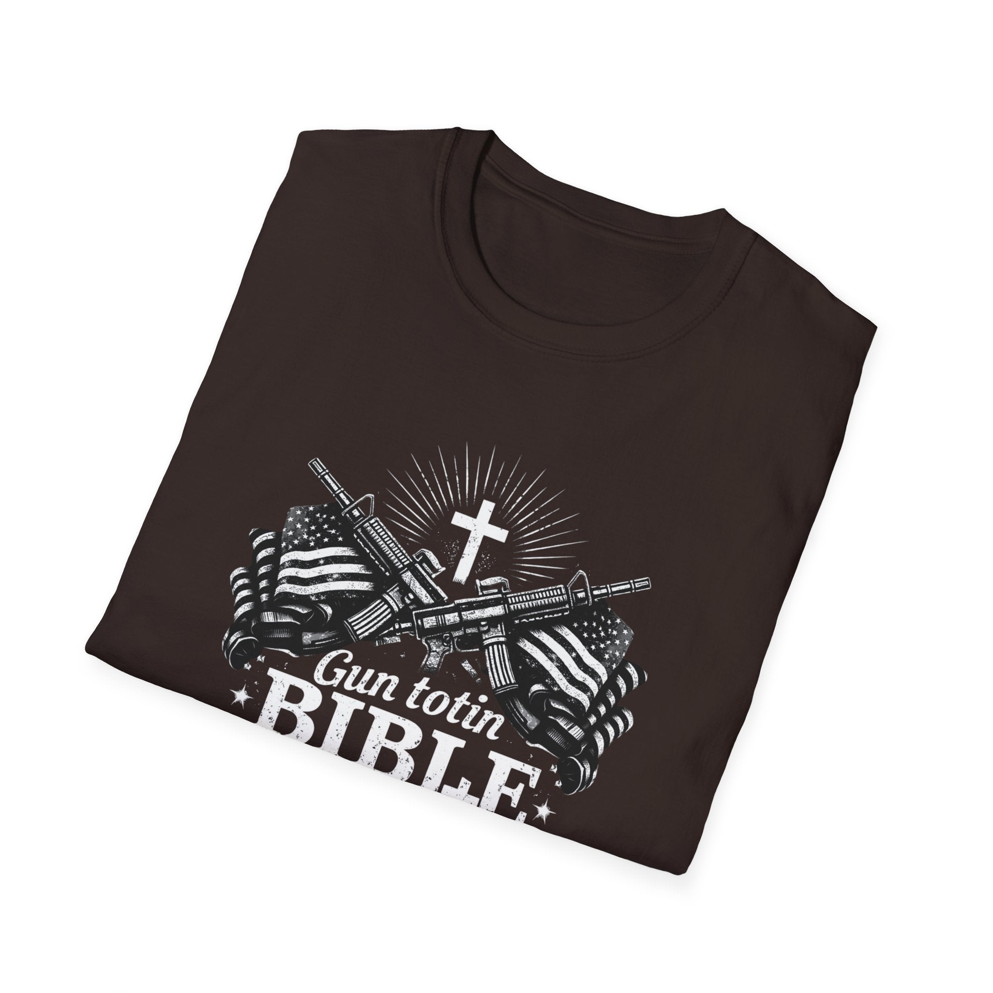 "Gun Totin' Bible Thumper" American Flag Crossed Rifles T-Shirt — Patriotic Military Pride Tee