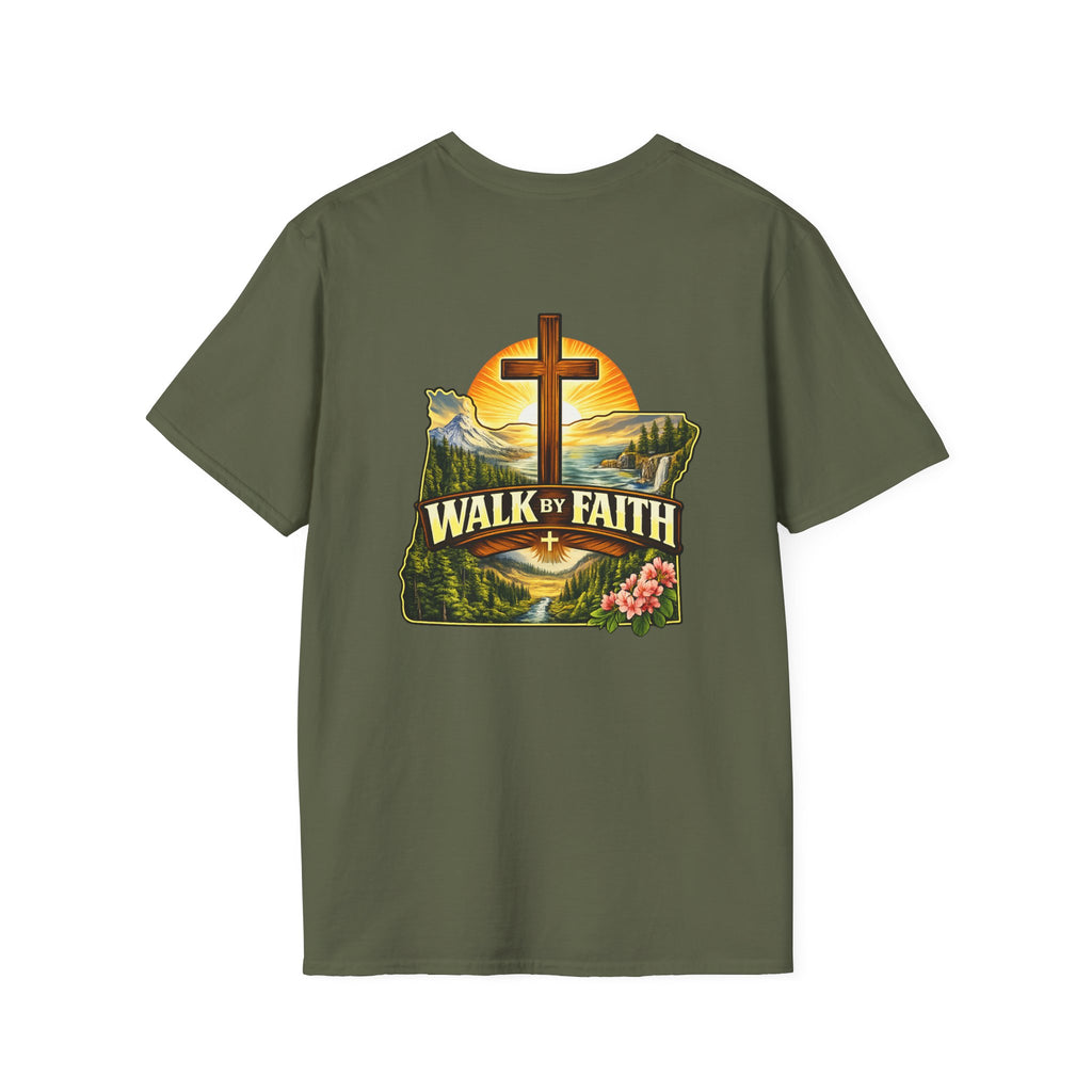 Oregon Walk By Faith T-Shirt — Christian Cross Mountain Sunset Tee