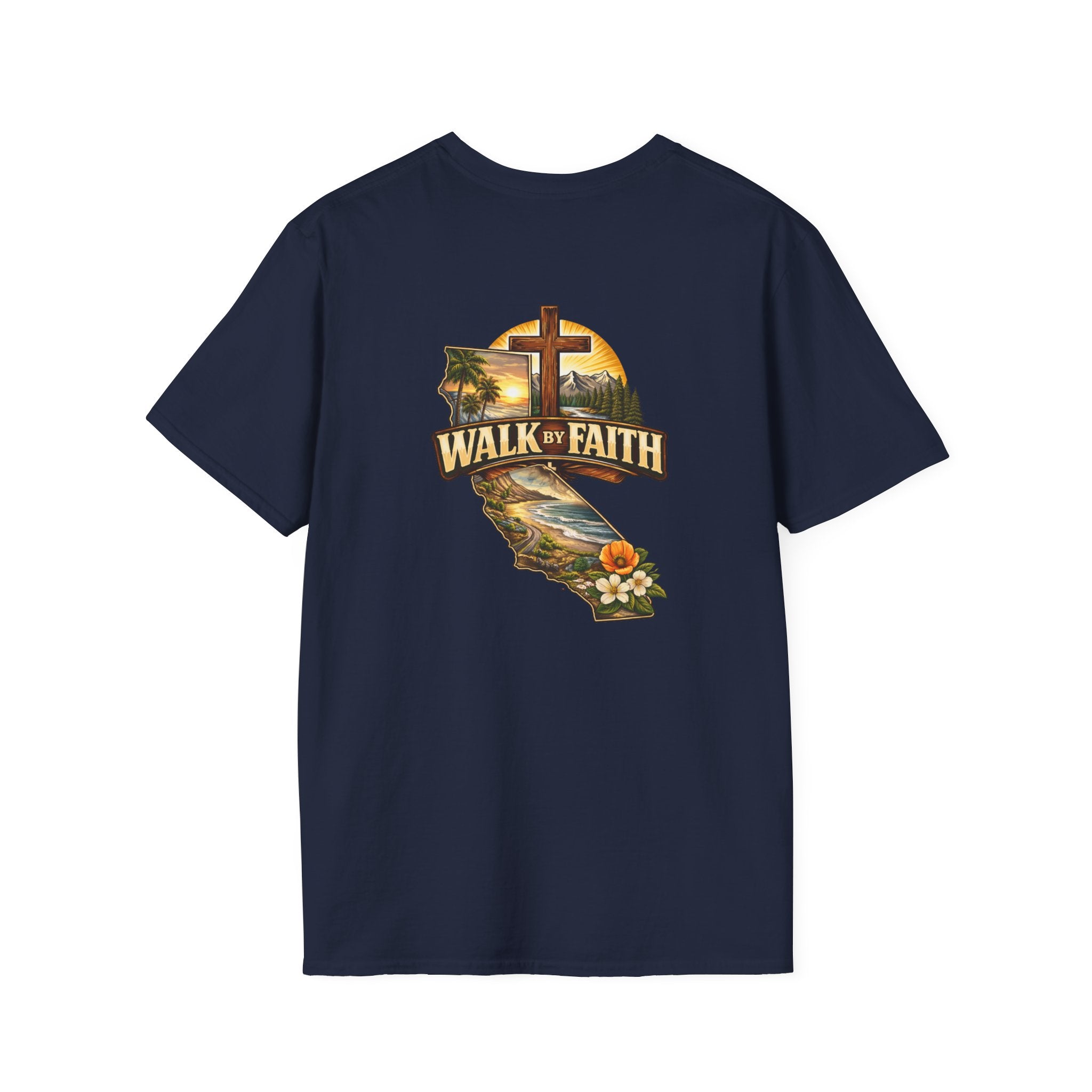 Christian T-Shirt — "Walk by Faith" California Cross Design