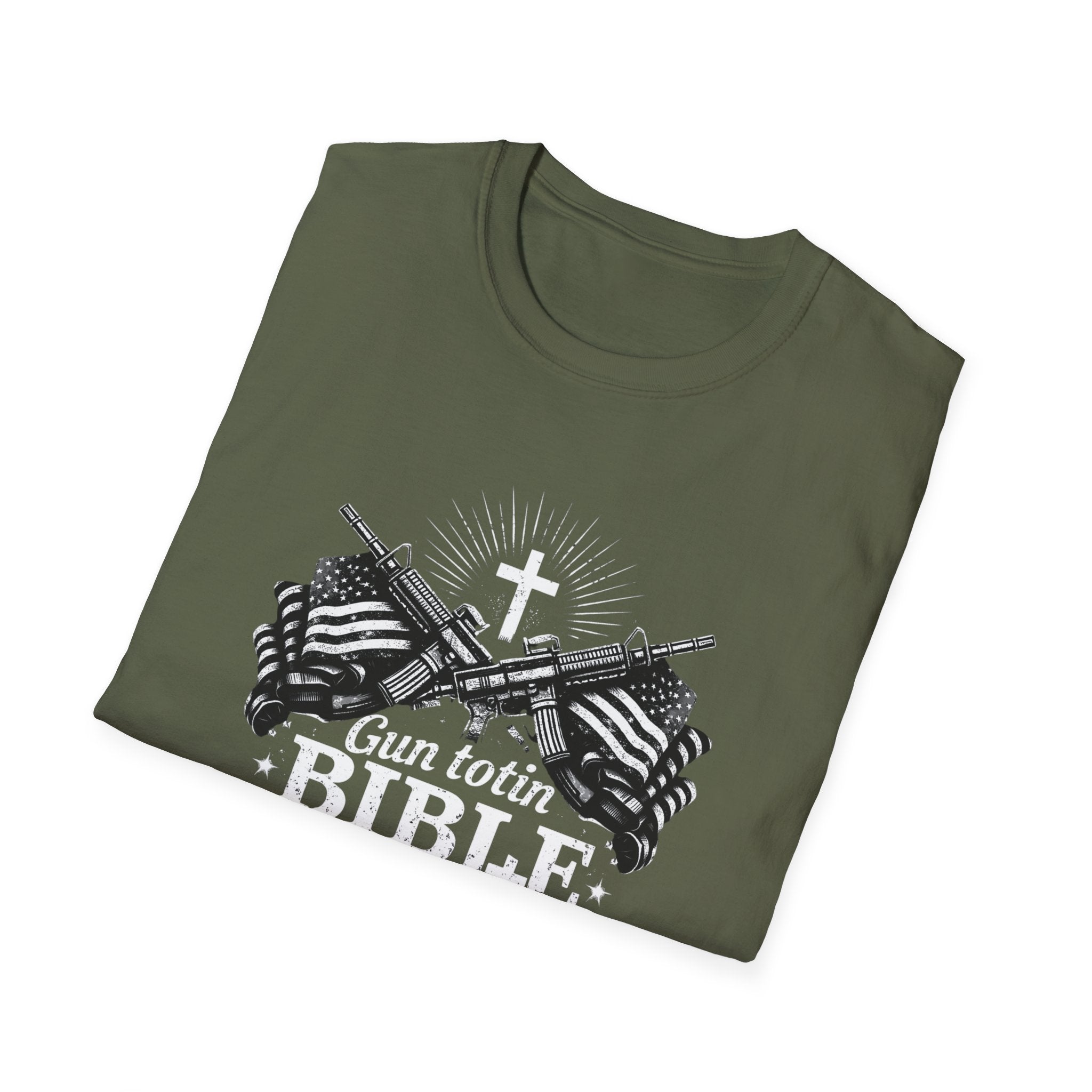 "Gun Totin' Bible Thumper" American Flag Crossed Rifles T-Shirt — Patriotic Military Pride Tee